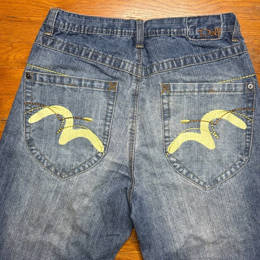 Delf Trading Jeans Men's 34x32 Y2K Wide Leg Grunge Evisu Style Denim Embroidered